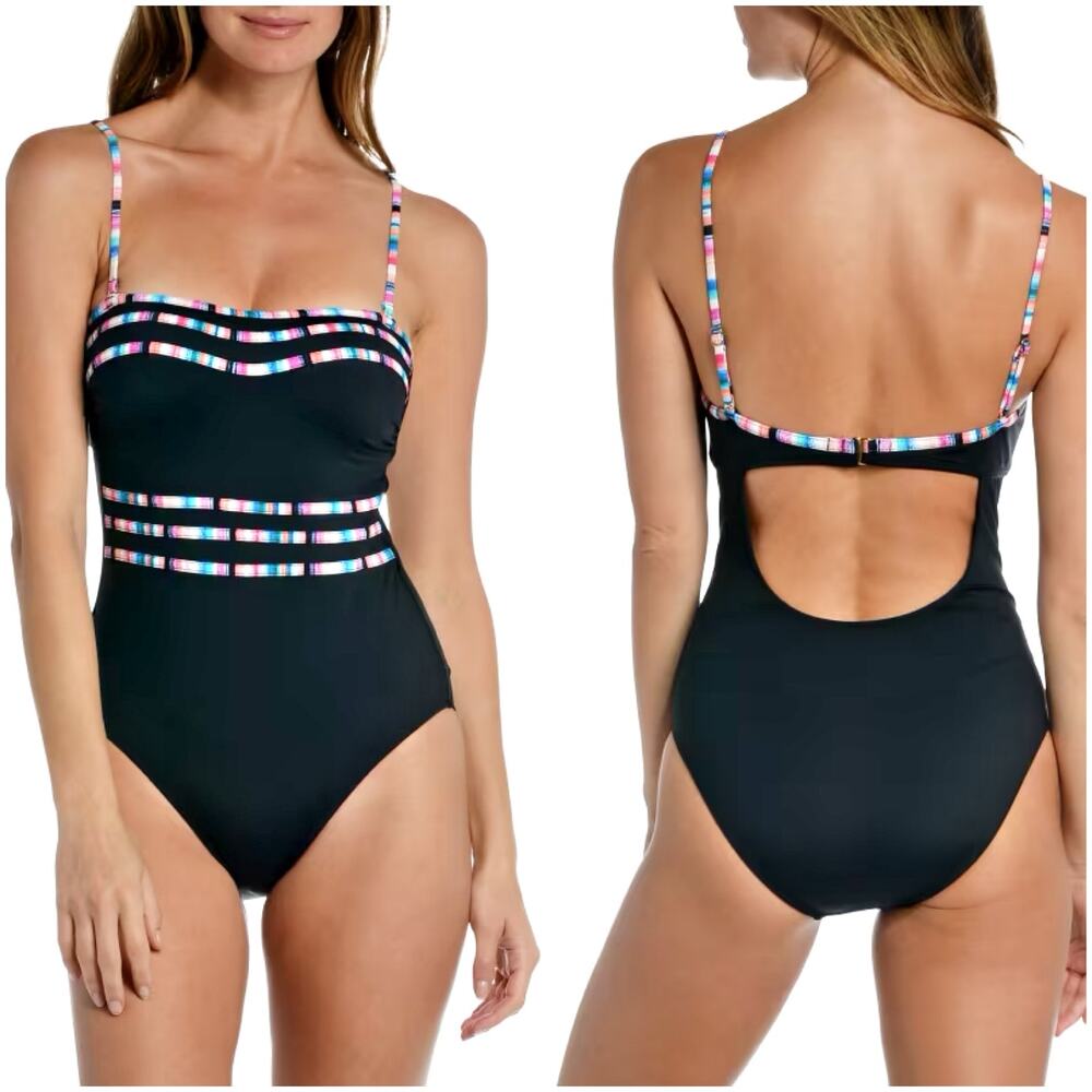 LA BLANCA NWT Catalina Coast Bandeau Black/Multicolor One-Piece Swimsuit Size 6